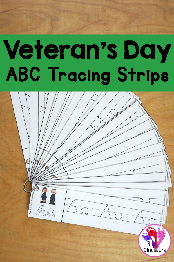 Free Veteran's Day ABC Tracing Strips - with uppercase and lowercase together. You have fun kids with a military theme, plus you can see an example of how to trace the letters - 3Dinosaurs.com