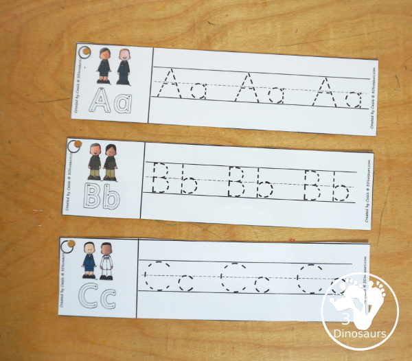 Free Veteran's Day ABC Tracing Strips - with uppercase and lowercase together. You have fun kids with a military theme, plus you can see an example of how to trace the letters - 3Dinosaurs.com