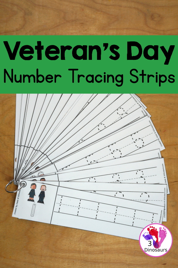 Free Veteran's Day Number Tracing Strips - with numbers 0 to 20. You can trace the numbers and an example of how to trace the numbers on the strips, plus a military theme on each tracing strip. - 3Dinosaurs.com