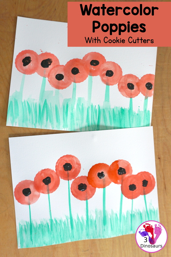Watercolor Poppy Painting For Veteran's Day - a fun watercolor painting using cookie cutters for the circle flowers and q-tip painting for the center. Simple and easy to do with kids. - 3Dinosaurs.com