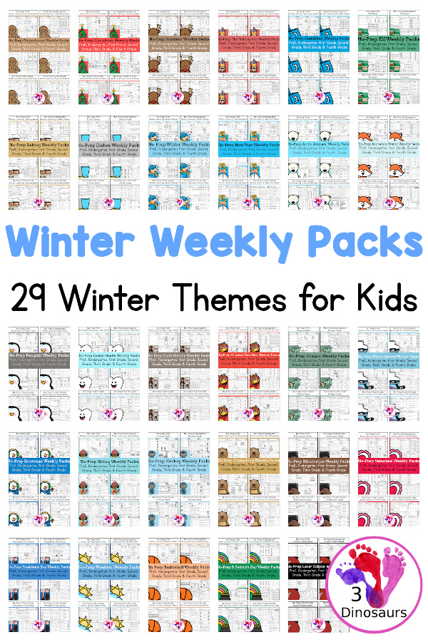 No-Prep Weekly Packs for the Winter for Prek, kindergarten, first grade, second grade, third grade, fourth grade - You have the following winter themes: gingerbread man, Christmas, Reindeer, winter, New Years', snowman, animals in winter, arctic animals, penguins, winter sports, Chinese New Year, Groundhog Day, Valentines, weather, and St. Patrick's Day - 3Dinosaurs.com