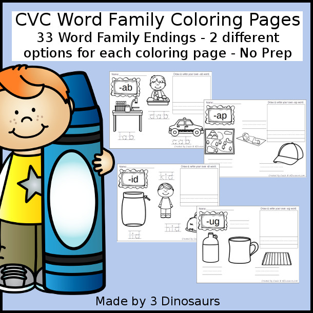 No-prep CVC Word Family Coloring Pages Printable: -ab, -ad, -ag, -am, -an, -ap, -ar, -ap, -at, -ed, -eg, -en, -et, -ib, -id, -ig, -im, -in, -ip, -it, -ix, -ob, -od, -og, -op, -ot, -ox, -ub, -ud, -ug, -um, -un, -up, -ut - 3Dinosaurs.com