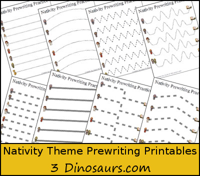 Free Nativity Theme Prewriting Printable with 28 pages of prewriting printables to use with kids - 3Dinosaurs.com