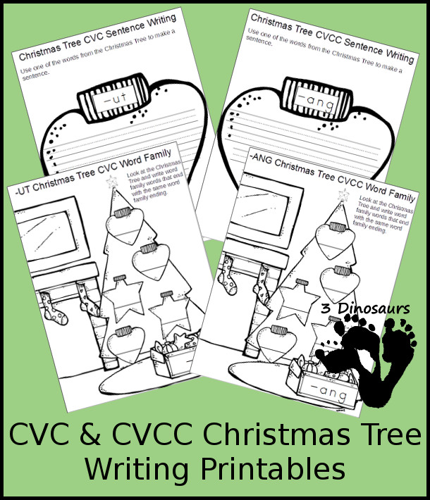 FREE CVC & CVCC Word Family Christmas Tree Writing Printable - ornaments on the tree and a writing page for each word family - 3Dinosaurs.com