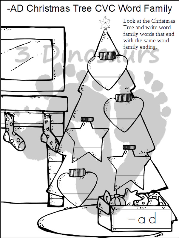 FREE CVC & CVCC Word Family Christmas Tree Writing Printable - ornaments on the tree and a writing page for each word family - 3Dinosaurs.com