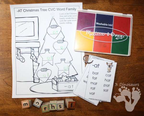 FREE CVC & CVCC Word Family Christmas Tree Writing Printable - ornaments on the tree and a writing page for each word family - 3Dinosaurs.com