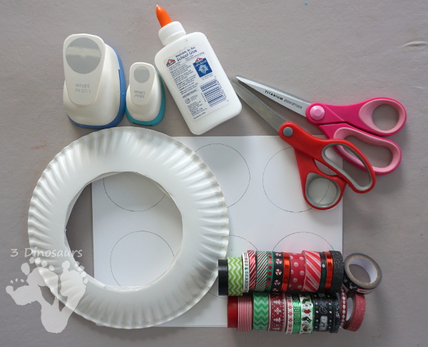 Fun To Make Christmas Washi Tape Ornament Wreath - fun fine motor craft to make for Christmas - 3Dinosaurs.com #finemotor #christmas #craftsforkids