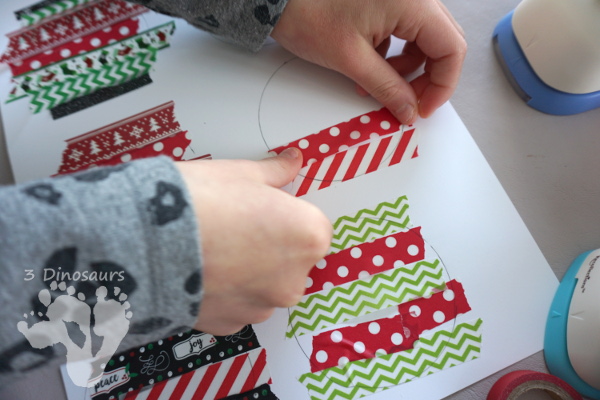 Fun To Make Christmas Washi Tape Ornament Wreath - fun fine motor craft to make for Christmas - 3Dinosaurs.com #finemotor #christmas #craftsforkids