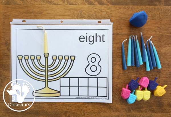 Free Hands-On Hanukkah Themed Counting Mats: 1 to 8 - 8 different mats for counting each night - 3Dinosaurs.com #handsonprintables #hanukkah #countingforkids