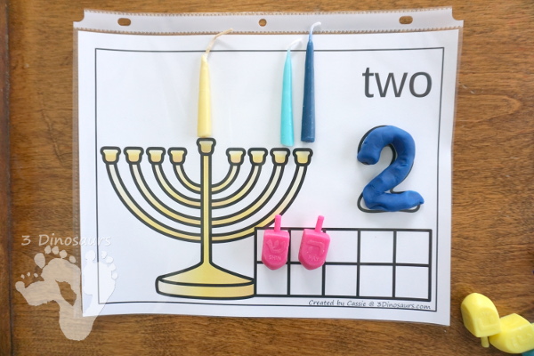 Free Hands-On Hanukkah Themed Counting Mats: 1 to 8 - 8 different mats for counting each night - 3Dinosaurs.com