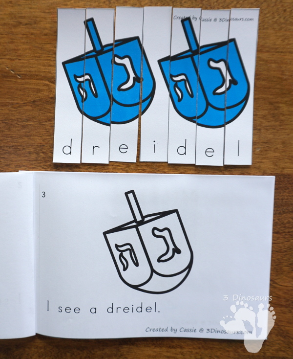 Free Hanukkah Themed Easy Reader Book - 8 page book with Hanukkah themed words - 3Dinosaurs.com #easyreaderbook #hanukkahforkids #freeprintables