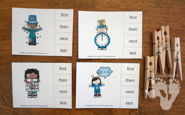 Sequencing: New Year's Eve -  with clip cards, task cards, no-prep worksheets and easy reader books $ - 3Dinosaurs.com #printablesforkids #sequencingforkids #winterprintables #tpt #teacherspayteachers