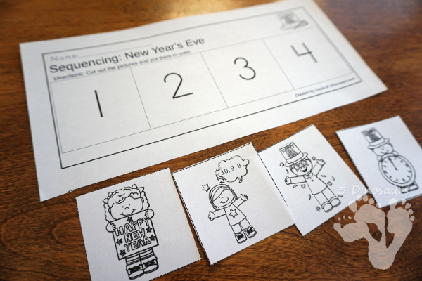 Sequencing: New Year's Eve -  with clip cards, task cards, no-prep worksheets and easy reader books $ - 3Dinosaurs.com #printablesforkids #sequencingforkids #winterprintables #tpt #teacherspayteachers