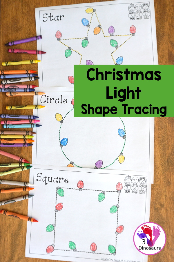 Free Christmas Lights Shape Tracing - 9 shapes for kids to work on with a fun Christmas theme. You have lights around the shape to give kids a fun Christmas light theme for the tracing - 3Dinosaurs.com