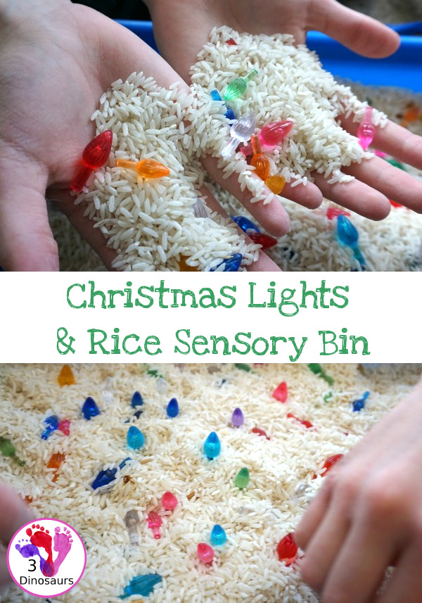 Christmas Lights & Rice Sensory Bin - simple and easy to set up sensor bin for kids to play in and great for sensory play - 3Dinosaurs.com