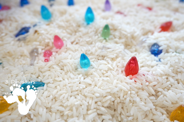 Christmas Lights & Rice Sensory Bin - simple and easy to set up sensor bin for kids to play in and great for sensory play - 3Dinosaurs.com
