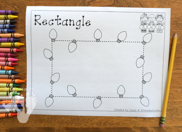 Free Christmas Lights Shape Tracing - 9 shapes for kids to work on with a fun Christmas theme. You have lights around the shape to give kids a fun Christmas light theme for the tracing - 3Dinosaurs.com