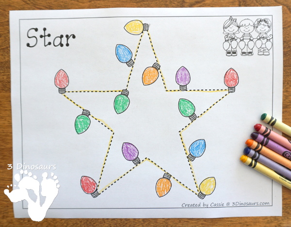 Free Christmas Lights Shape Tracing - 9 shapes for kids to work on with a fun Christmas theme - 3Dinosaurs.com