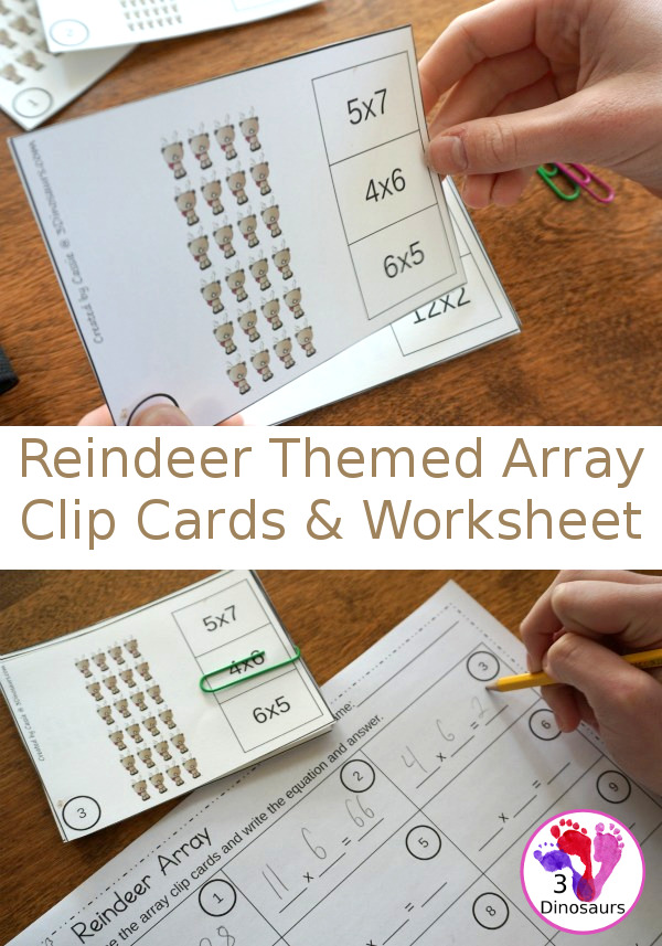 Free Reindeer Array Clip Cards & Worksheet - 12 clip cards and 1 matching worksheet to work on arrays with a run reindeer theme - 3Dinosaurs.com