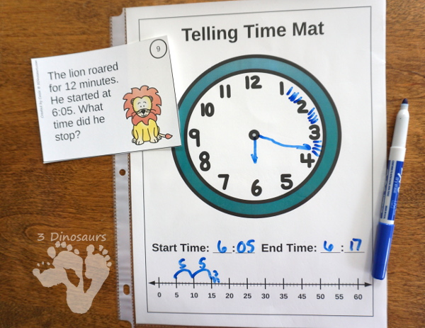 Free Easy To Use Math Help: Telling Time Mats - 2 mats to help with clocks and time number lines for helping with math questions about amount of time - 3Dinosaurs.com