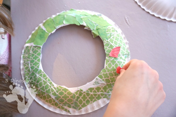 Torn Scrapbook Paper Holly Wreath - a simple and easy fine motor craft for kids to make at Christmas time - 3Dinosaurs.com