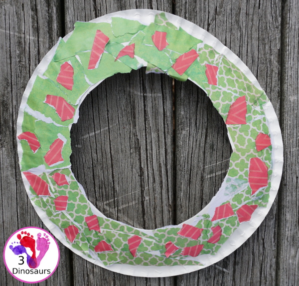 Torn Scrapbook Paper Holly Wreath - a simple and easy fine motor craft for kids to make at Christmas time - 3Dinosaurs.com