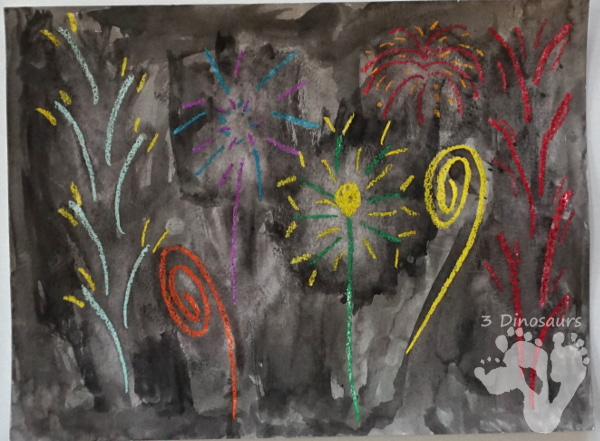 Watercolor & Oil Pastel Fireworks - easy to do fireworks watercolor painting with great for open ended design - 3Dinosaurs.com