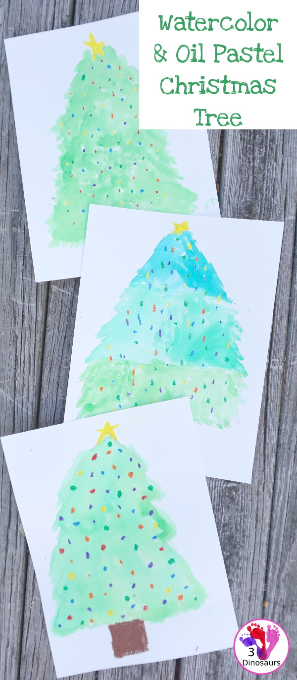 Watercolor and Oil Pastels Christmas Trees - Easy to do Christmas watercolor painting with great for open ended design - 3Dinosaurs.com