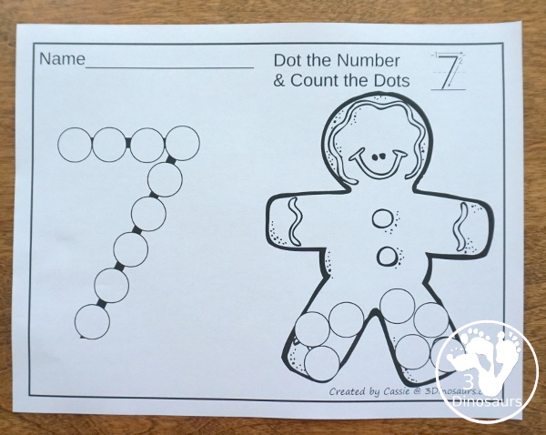 Christmas Tree, Present, and Gingerbread Man Themed Dot Marker Number & Counting - this is a fun counting activity with dot markers that works on numbers 0 to 20 with color or black and white options - 3Dinosaurs.com #christmasactivities #dotmaker #doadot #numbers #counting 