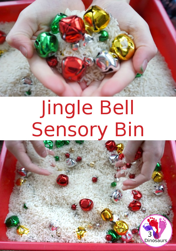 Jingle Bell Sensory Bin - a fun way to do activities with bells and sensory play at the same time. Easy to set up and use for Christmas time. - 3Dinosaurs.com