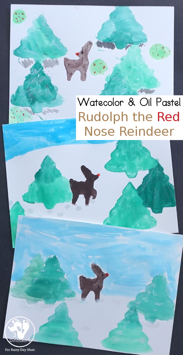 Rudolph The Red Nose Watercolor & Oil Pastel Painting - Easy painting activity to work on fine motor and painting with cookie cutters - 3Dinosaurs.com #christmasactivities #watercolors #3dinosaurs
