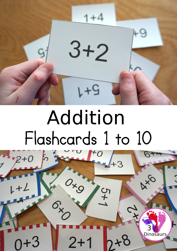Free Addition Flashcards: 1 to 10 for kindergarten, first grade, and second grade with ways to use with and five color options: white, pink, red, green, and blue - 3Dinosaurs.com