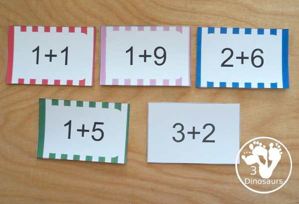 Free Addition Flashcards: 1 to 10 for kindergarten, first grade, and second grade with ways to use with and five color options: white, pink, red, green, and blue - 3Dinosaurs.com