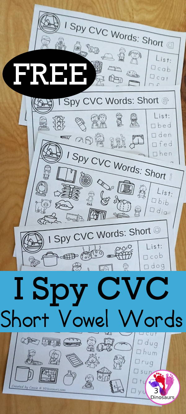 Free I Spy CVC Short Vowel Words Worksheet - 5 worksheets with CVC short vowel words and each page has one vowel sound and eight words to find - 3Dinosaurs.com  #3dinosaurs #kindergarten #firstgrade #cvc #wordfamily #learningtoread #shortvowels #freeprintable