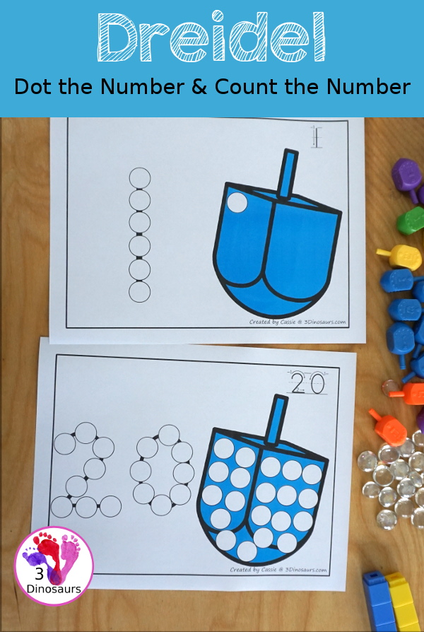 Dreidel Dot the Number Count the Number - an easy way to work on numbers from 0 to 20 with fine motor work and counting with this great Hanukkah theme for PreK and Kindergarten - 3Dinosaurs.com