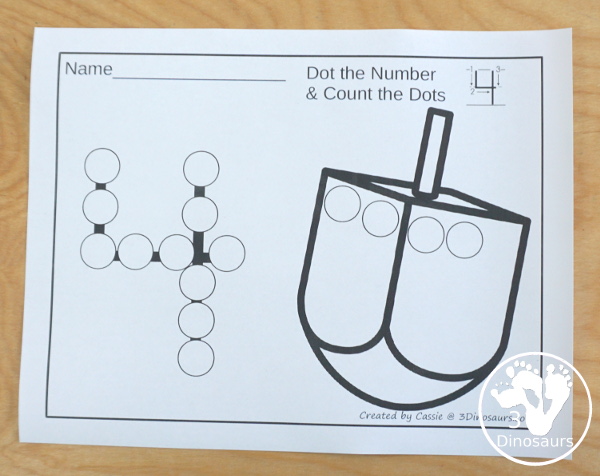 Dreidel Dot the Number Count the Number - an easy way to work on numbers from 0 to 20 with fine motor work and counting with this great Hanukkah theme for PreK and Kindergarten - 3Dinosaurs.com
