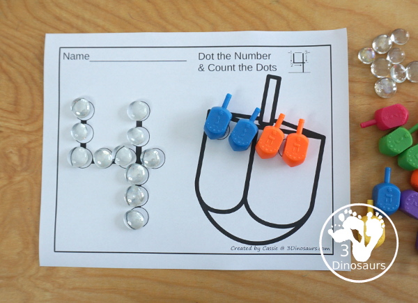 Dreidel Dot the Number Count the Number - hands-on activities you can do with the dreidel to make it a fine motor activity with counting. - 3Dinosaurs.com