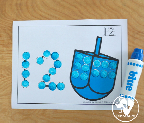 Dreidel Dot the Number Count the Number - hands-on activities you can do with the dreidel to make it a fine motor activity with counting. - 3Dinosaurs.com