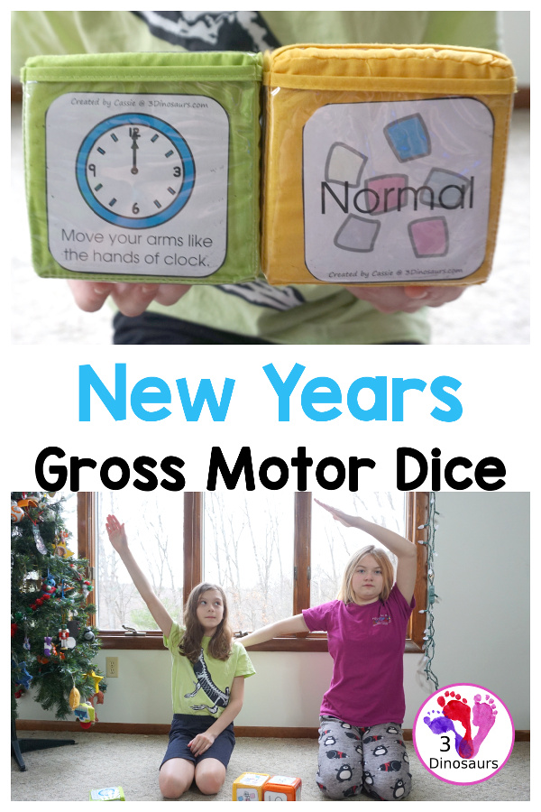 Free New Year Gross Motor Dice - to get kids moving and have fun with easy gross motor movements and fun way to remember parts of the New Years with clocks, fireworks, and more - 3Dinosaurs.com