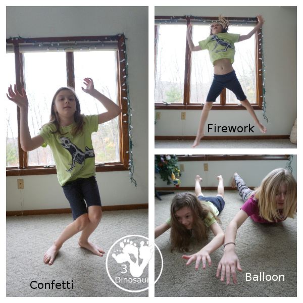 Free New Year Gross Motor Dice - to get kids moving and have fun with easy gross motor movements and fun way to remember parts of the New Years with clocks, fireworks, and more - 3Dinosaurs.com