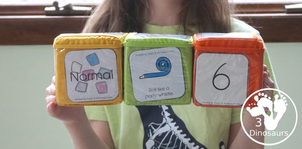 Free New Year Gross Motor Dice - to get kids moving and have fun with easy gross motor movements and fun way to remember parts of the New Years with clocks, fireworks, and more - 3Dinosaurs.com