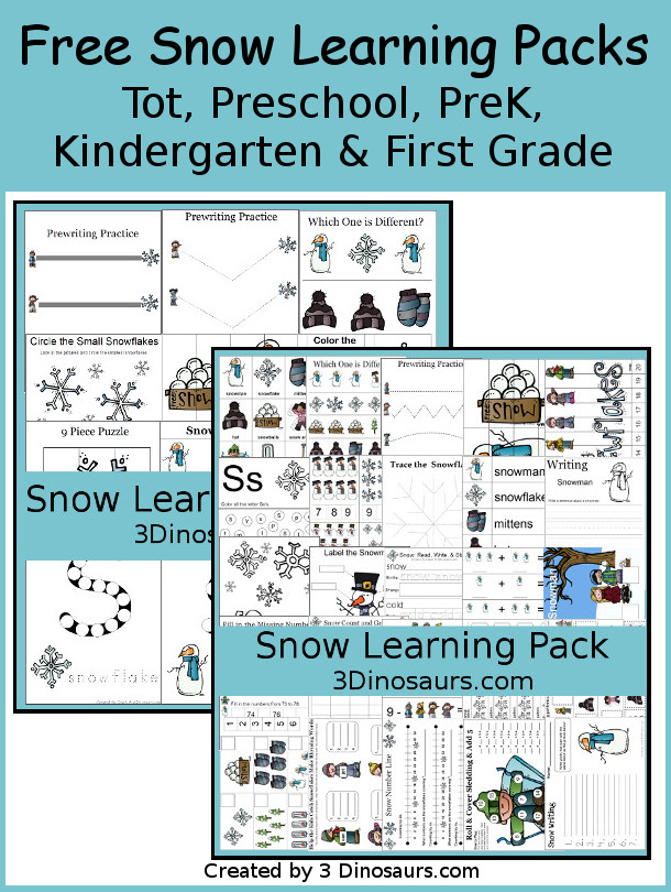 Free Snow Learning Packs - two levels of pack with cards, puzzles, books, worksheets and more for Tot, Preschool, PreK, Kindergarten, and First Grade - 3Dinosaurs.com