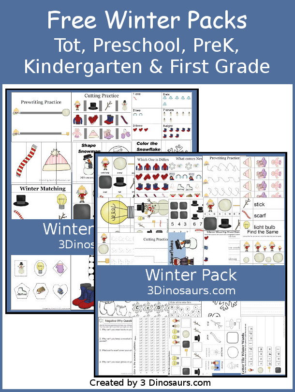 Free Winter Pack: Tot, Preschool, PreK, Kindergarten & First Grade - with over 300 pages of printables with cards, puzzles, matching, easy reader books, small folding books, writing, tracing, pocket chart cards and more - 3Dinosaurs.com