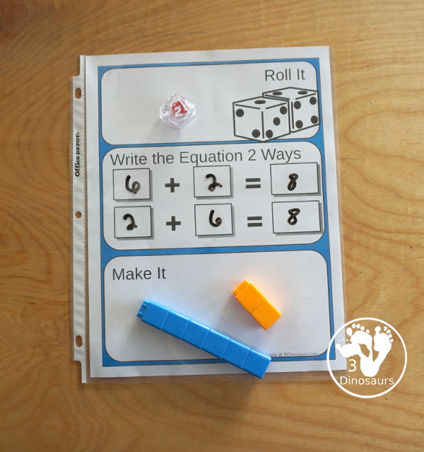 Free Addition Roll & Make Mats - with 10 colors to pick from  with rolling area, writing equation area, and building area. You also have a recording sheet - 3Dinosaurs.com