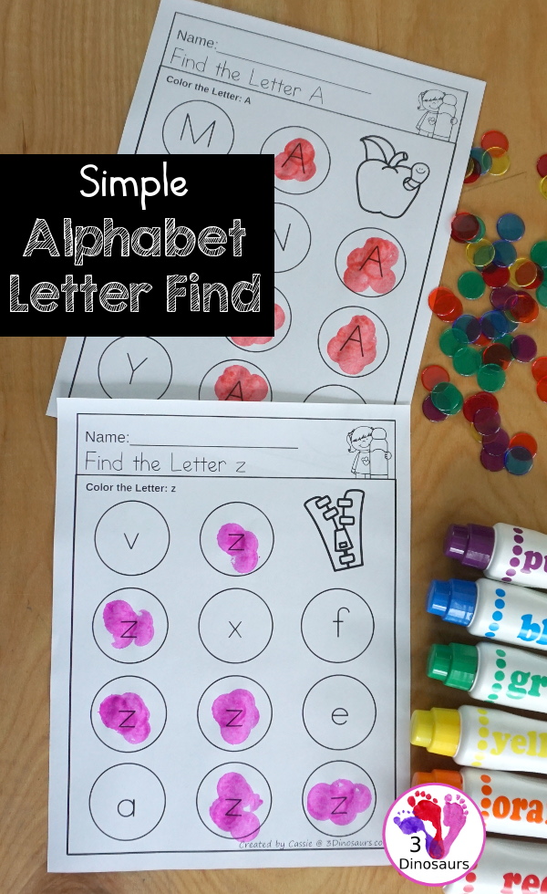 Free Simple A to Z Letter Find for the Whole Alphabet - You have uppercase and lowercase letter finds with 6 letters to find on each page. Super simple layout and easy to use - 3Dinosaurs.com