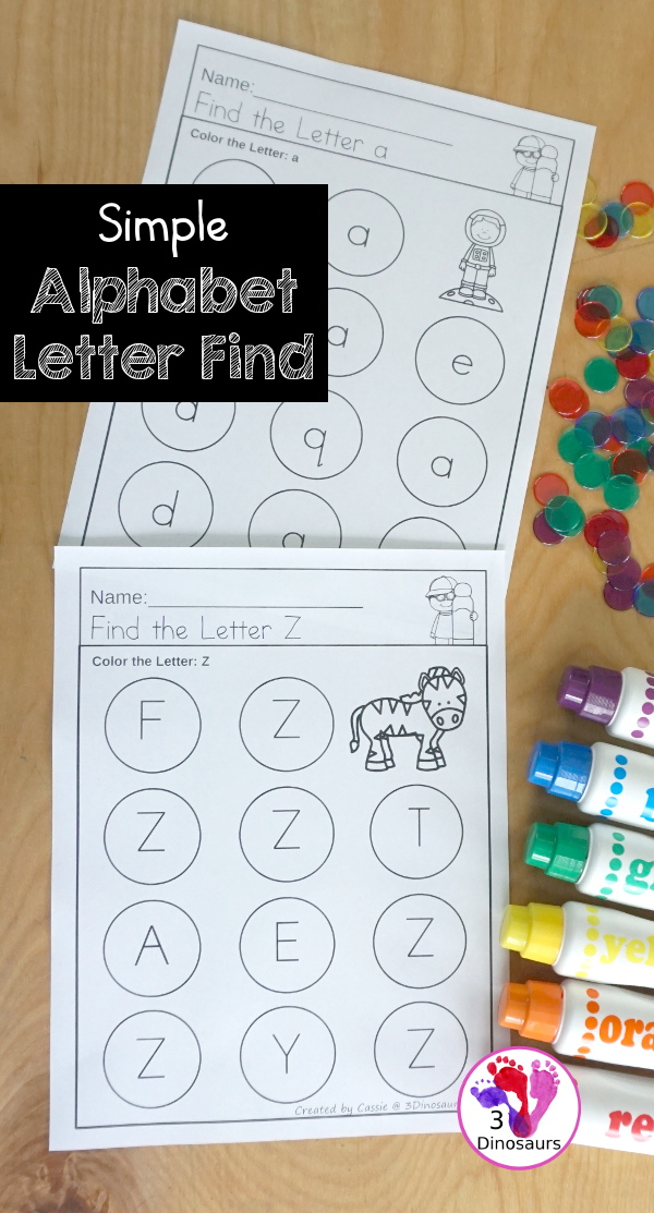 Free Simple A to Z Letter Find for the Whole Alphabet - You have uppercase and lowercase letter finds with 6 letters to find on each page. Super simple layout and easy to use - 3Dinosaurs.com