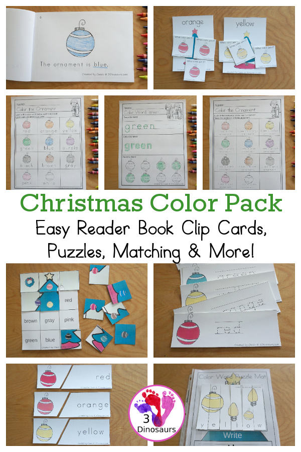 Christmas Ornament Color Pack - with 78 pages of printables with color easy reader book, color clip cards, color tracing strips, color writing strips, color pocket chart cards, color word writing, color word puzzles, and more all to work on learning color words. This is a great Christmas Ornament theme - 3Dinosaurs.com