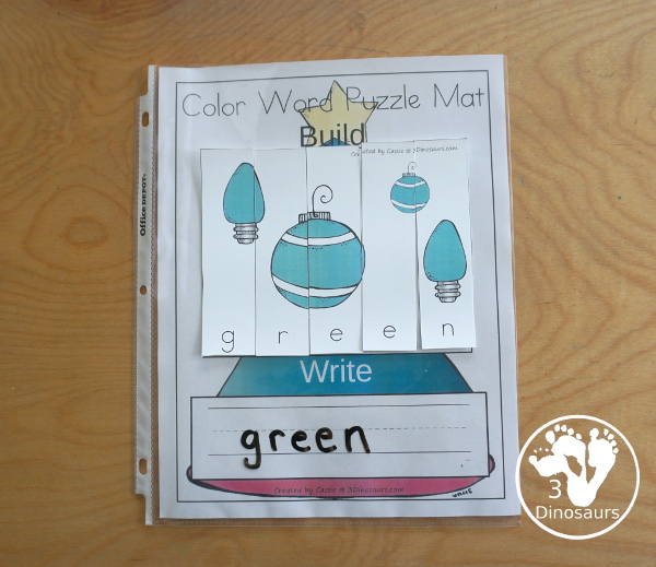 Christmas Ornament Color Pack - with 78 pages of printables with color easy reader book, color clip cards, color tracing strips, color writing strips, color pocket chart cards, color word writing, color word puzzles, and more all to work on learning color words. This is a great Christmas Ornament theme - 3Dinosaurs.com