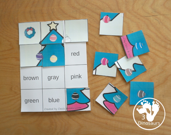 Christmas Ornament Color Pack - with 78 pages of printables with color easy reader book, color clip cards, color tracing strips, color writing strips, color pocket chart cards, color word writing, color word puzzles, and more all to work on learning color words. This is a great Christmas Ornament theme - 3Dinosaurs.com