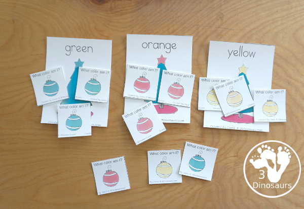 Christmas Ornament Color Pack - with 78 pages of printables with color easy reader book, color clip cards, color tracing strips, color writing strips, color pocket chart cards, color word writing, color word puzzles, and more all to work on learning color words. This is a great Christmas Ornament theme - 3Dinosaurs.com